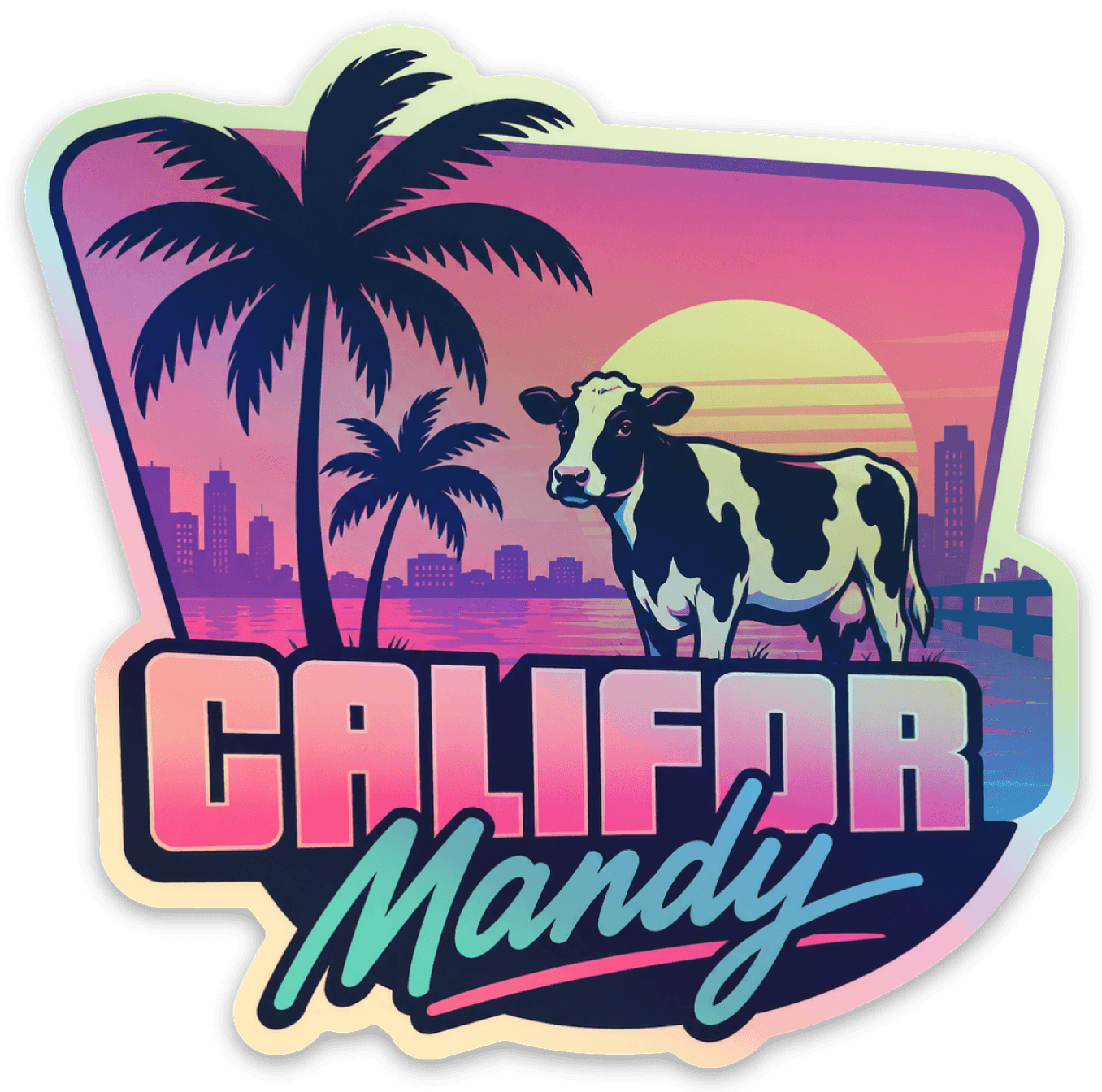 Sticker Califormandy aux reflets colorés : une vache devant une ville, des palmiers et un soleil.